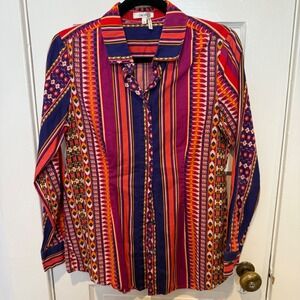 Tyler Boe Womens Geometric Print Button Up Long Sleeve Retro Aztec Style Size 6